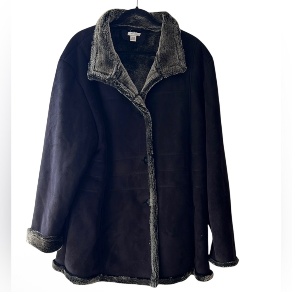 Dressbarn Vintage Y2K Faux Suede Faux fir Button Up Overcoat, Black 18/20 EUC